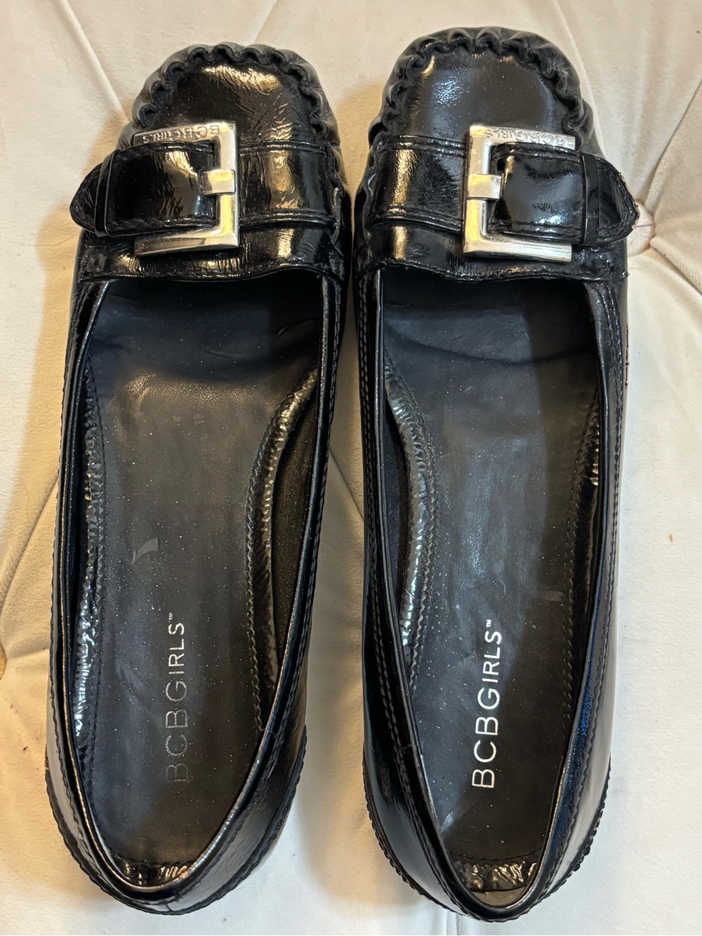 BCBGirls Black Patent Loafers with Silver Buckle